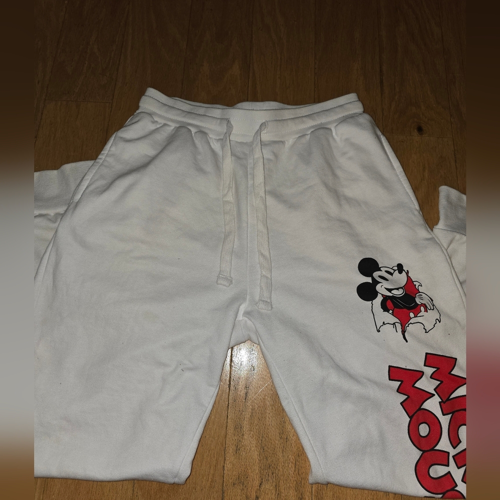 Disney Size L-11-13 Mickey Mouse White Sweatpants, Side Pockets